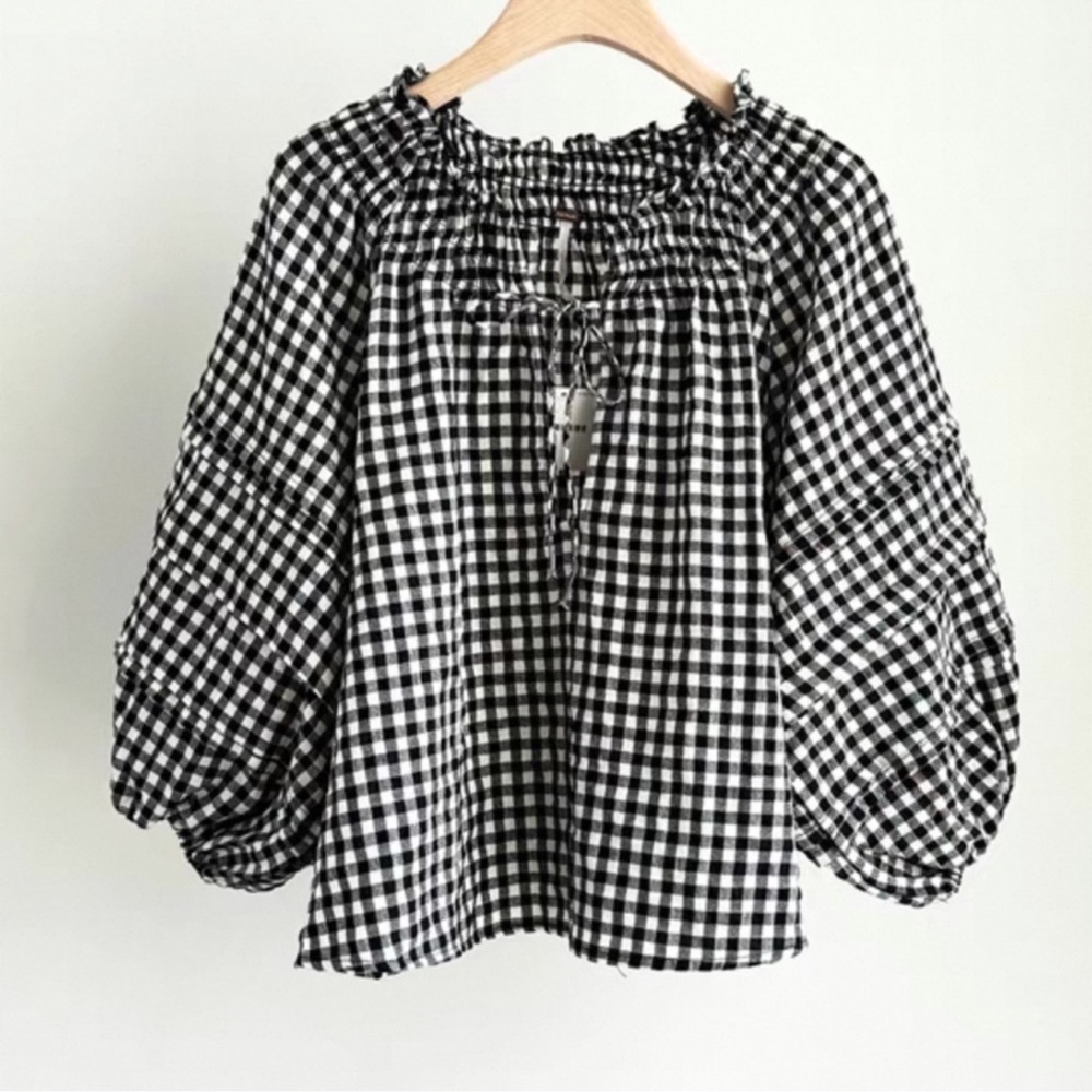 Free People Checkered Smock-Neck Short Puff Sleeve Women's Top